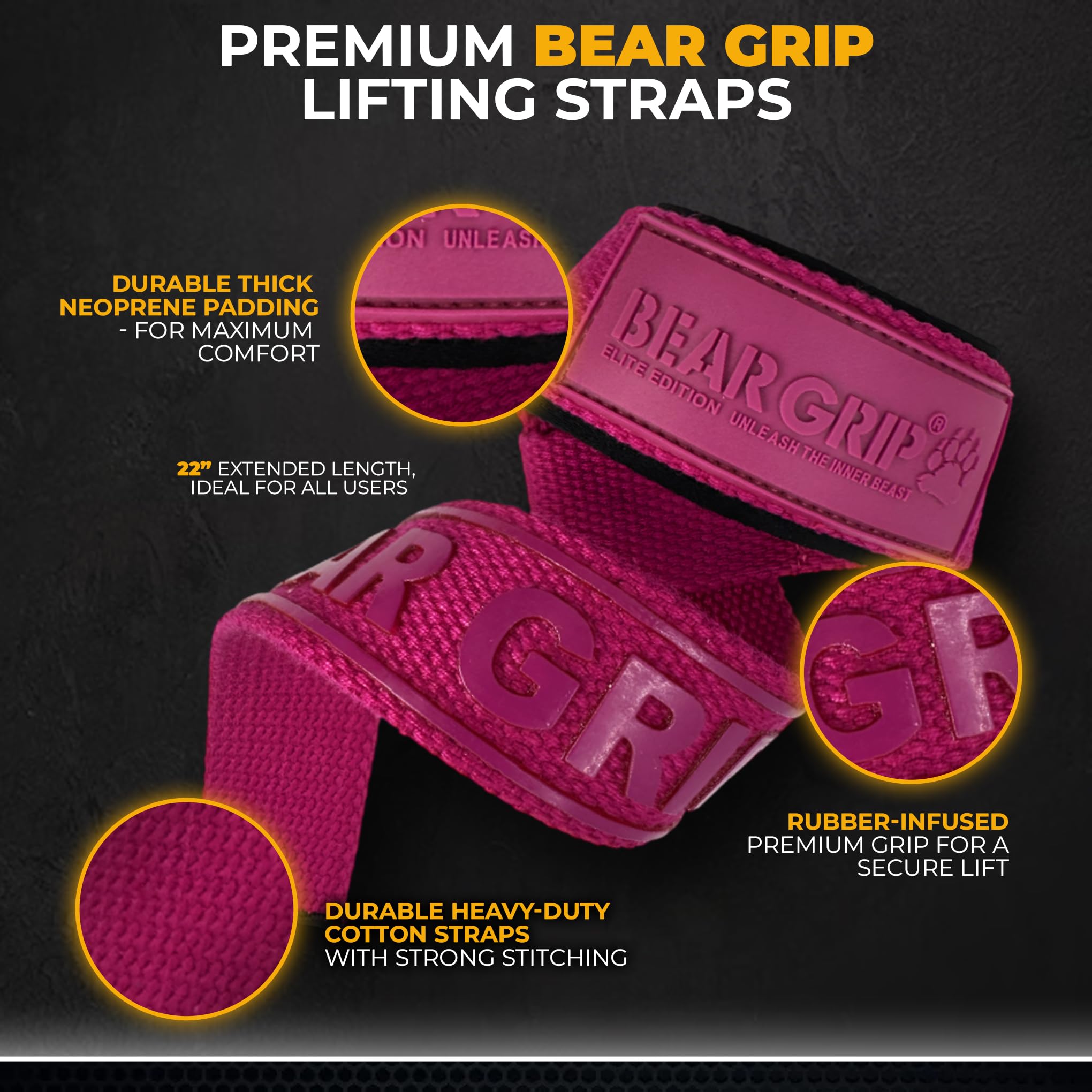 BEAR GRIP Straps - Premium Neoprene Padded Heavy Duty Double Stitched Weight Lifting Gym Straps, Deadlift, Gym Accessories for Men and Women, Advanced Gel Grip, 100% cotton, Extra long length