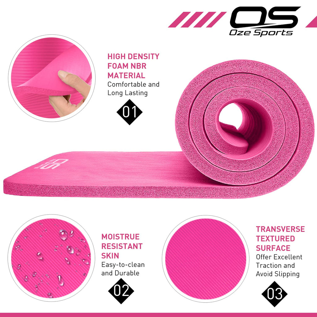 OZE SPORTS Yoga Mat, NBR Foam, Extra Thick, Non-Slip, High Density, Large, for Pilates, Gymnastics, HiiT and Fitness, with Free Carry Strap