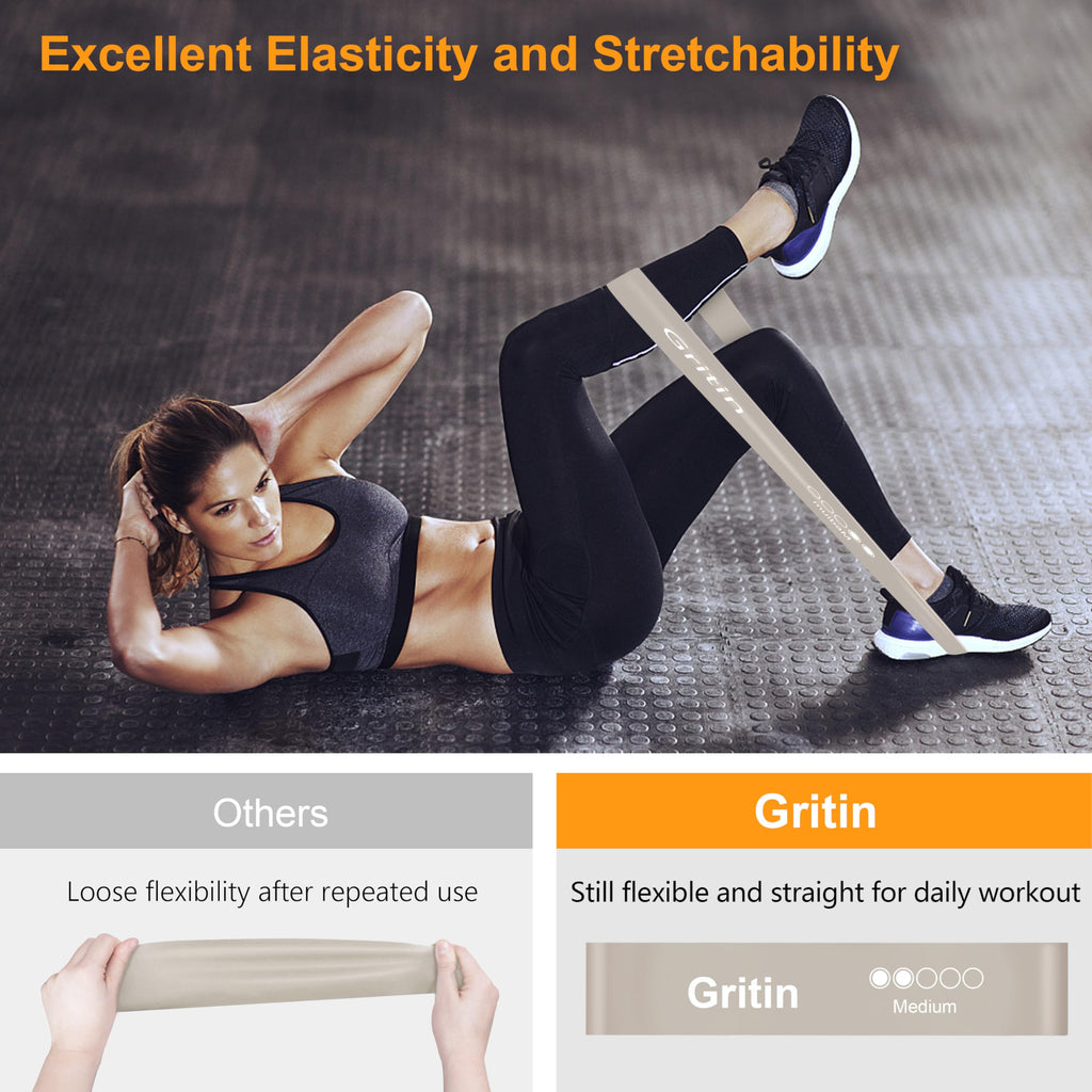 Gritin Resistance Bands, Set of 5 Skin-Friendly Resistance Fitness Exercise Loop Bands with 5 Different Strength Levels - Carrying Case Included - Ideal for Home, Gym, Yoga, Training