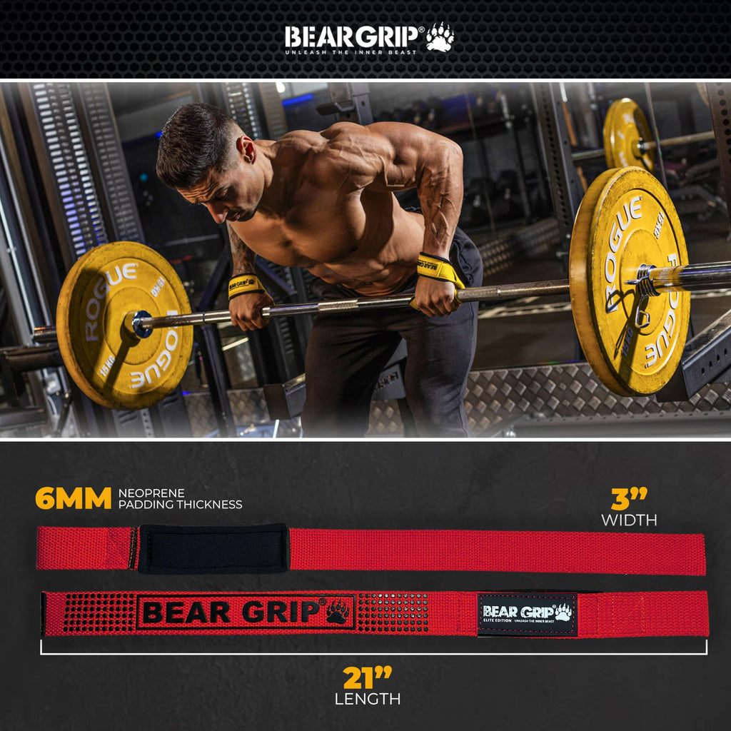 BEAR GRIP Straps - Premium Neoprene Padded Heavy Duty Double Stitched Weight Lifting Gym Straps, Deadlift, Gym Accessories for Men and Women, Advanced Gel Grip, 100% cotton, Extra long length
