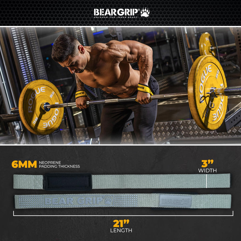 BEAR GRIP Straps - Premium Neoprene Padded Heavy Duty Double Stitched Weight Lifting Gym Straps, Deadlift, Gym Accessories for Men and Women, Advanced Gel Grip, 100% cotton, Extra long length