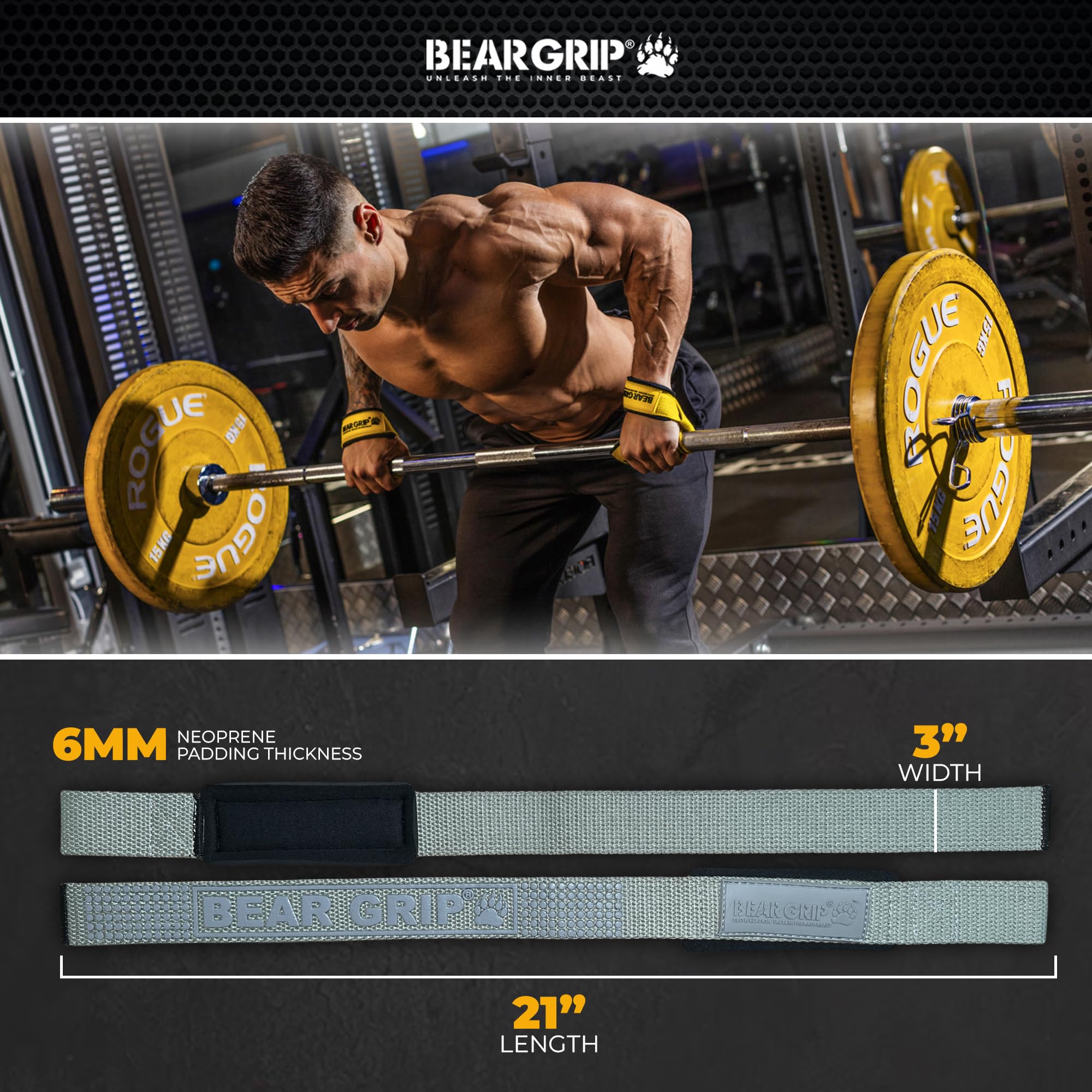 BEAR GRIP Straps - Premium Neoprene Padded Heavy Duty Double Stitched Weight Lifting Gym Straps, Deadlift, Gym Accessories for Men and Women, Advanced Gel Grip, 100% cotton, Extra long length