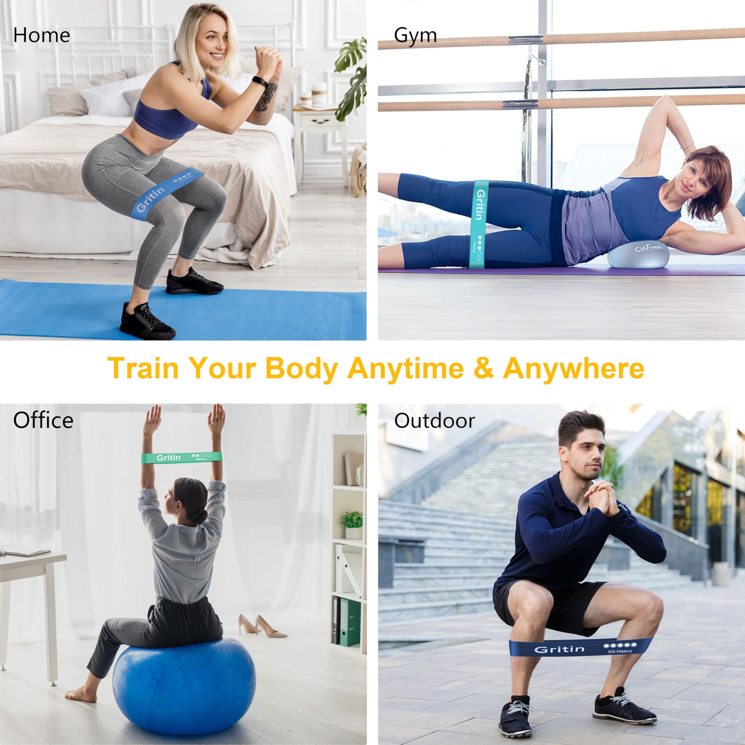 Gritin Resistance Bands, Set of 5 Skin-Friendly Resistance Fitness Exercise Loop Bands with 5 Different Strength Levels - Carrying Case Included - Ideal for Home, Gym, Yoga, Training