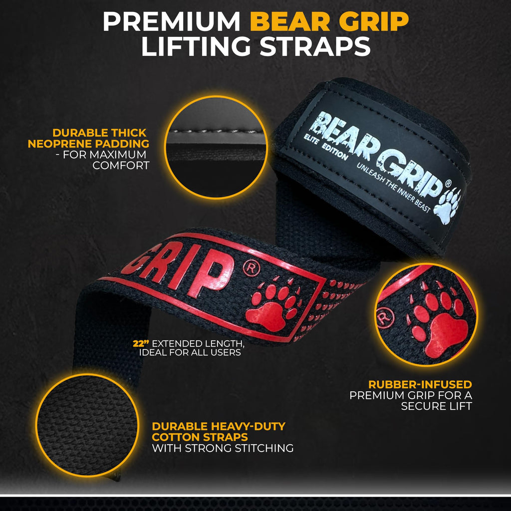 BEAR GRIP Straps - Premium Neoprene Padded Heavy Duty Double Stitched Weight Lifting Gym Straps, Deadlift, Gym Accessories for Men and Women, Advanced Gel Grip, 100% cotton, Extra long length