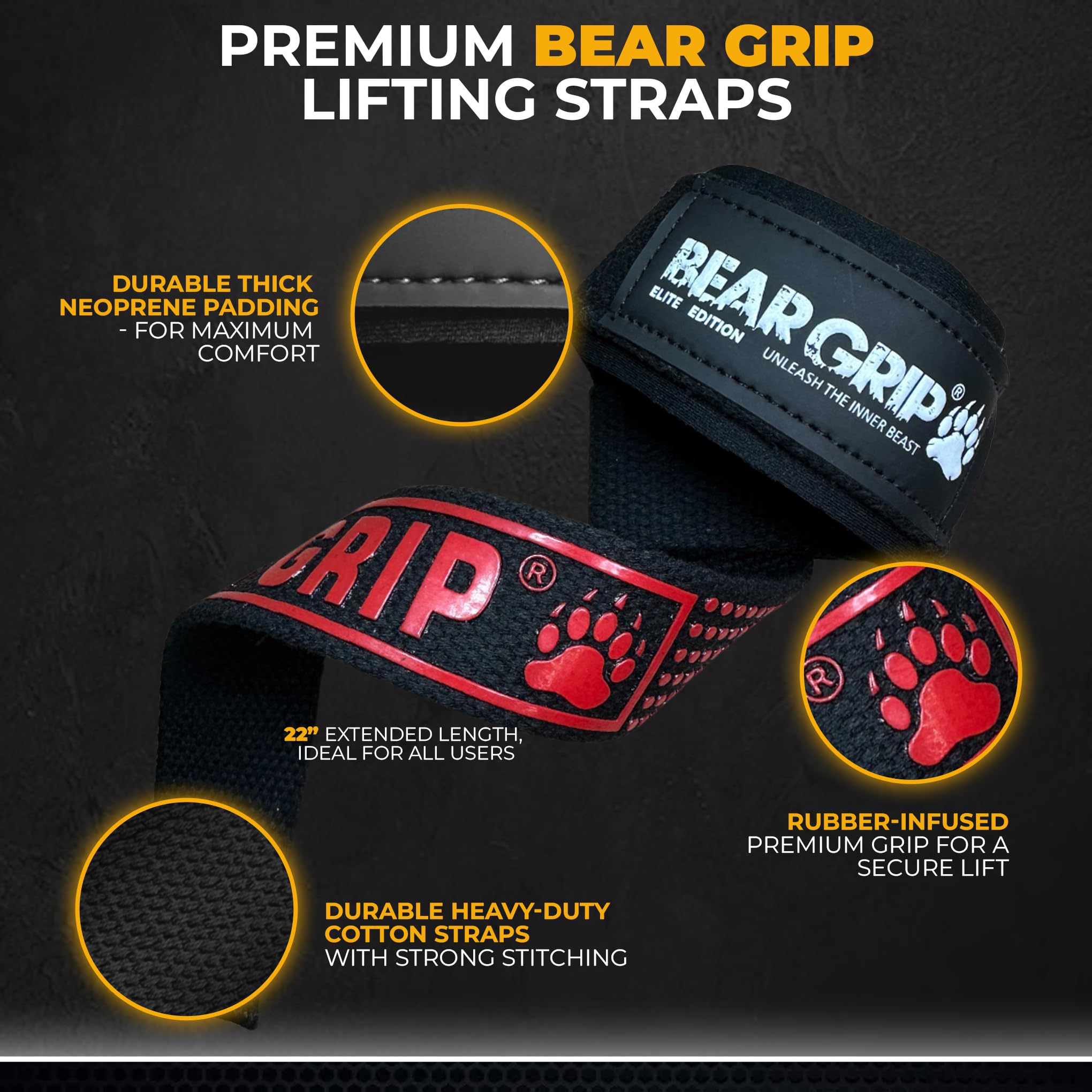 BEAR GRIP Straps - Premium Neoprene Padded Heavy Duty Double Stitched Weight Lifting Gym Straps, Deadlift, Gym Accessories for Men and Women, Advanced Gel Grip, 100% cotton, Extra long length