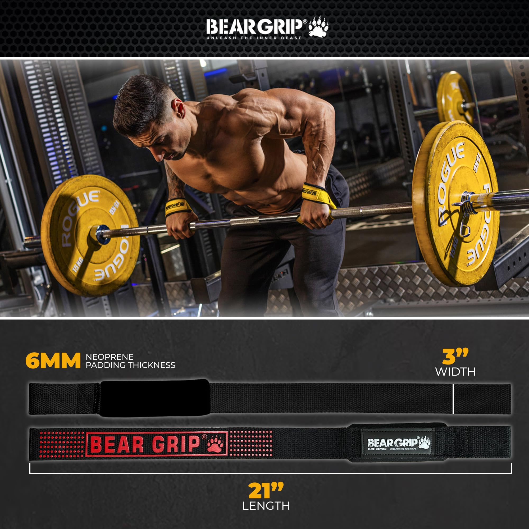 BEAR GRIP Straps - Premium Neoprene Padded Heavy Duty Double Stitched Weight Lifting Gym Straps, Deadlift, Gym Accessories for Men and Women, Advanced Gel Grip, 100% cotton, Extra long length