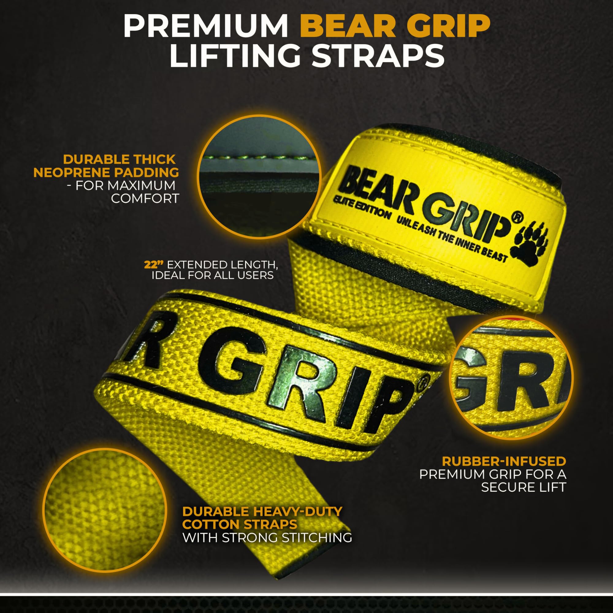 BEAR GRIP Straps - Premium Neoprene Padded Heavy Duty Double Stitched Weight Lifting Gym Straps, Deadlift, Gym Accessories for Men and Women, Advanced Gel Grip, 100% cotton, Extra long length