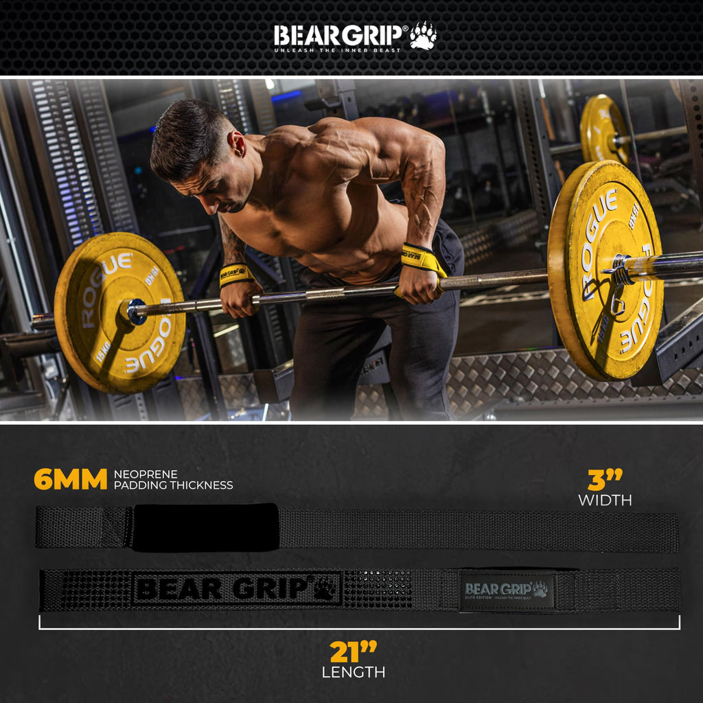 BEAR GRIP Straps - Premium Neoprene Padded Heavy Duty Double Stitched Weight Lifting Gym Straps, Deadlift, Gym Accessories for Men and Women, Advanced Gel Grip, 100% cotton, Extra long length