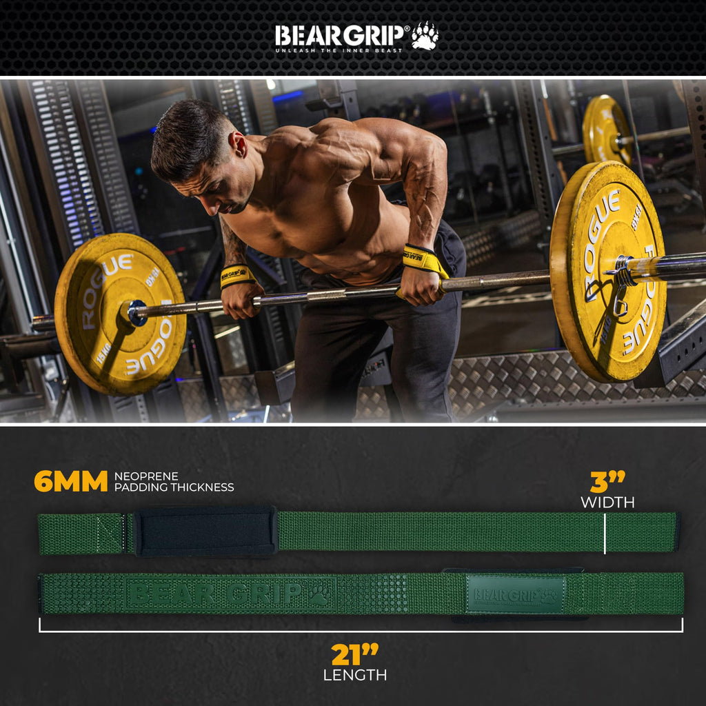 BEAR GRIP Straps - Premium Neoprene Padded Heavy Duty Double Stitched Weight Lifting Gym Straps, Deadlift, Gym Accessories for Men and Women, Advanced Gel Grip, 100% cotton, Extra long length